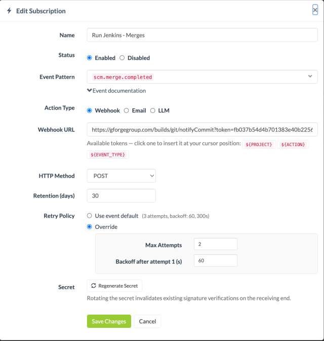 The Edit Subscription dialog for a webhook triggered by completed merges