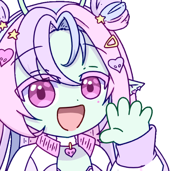 Chibi alien with pastel pink, purple and blue hair, pastel green skin, and pink eyes waving to say hi