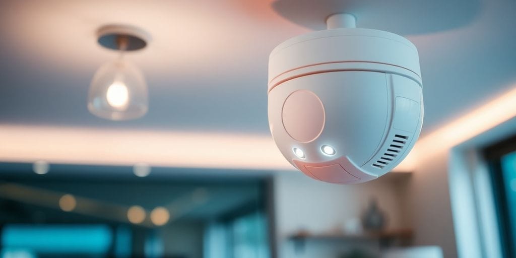 Smoke alarm installed on a ceiling in a home.