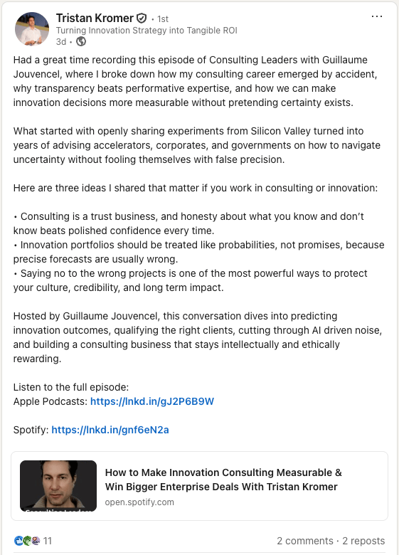 Tristan Kromer on LinkedIn about Consulting Leaders