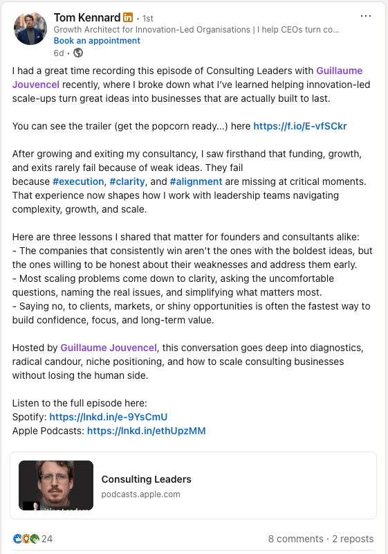 Tom Kennard on LinkedIn about Consulting Leaders