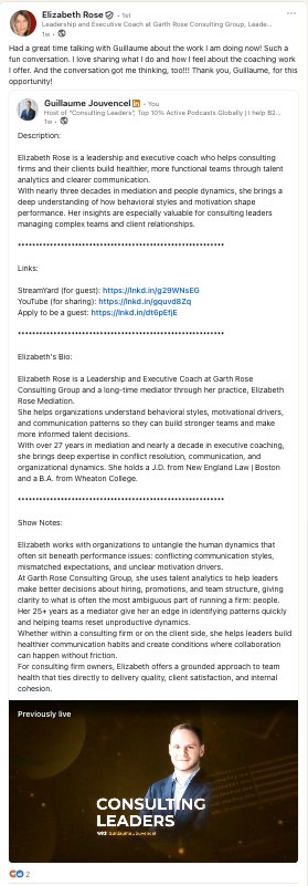 Elizabeth Rose on LinkedIn about Consulting Leaders