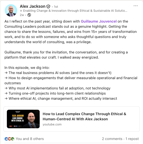 Alex Jackson on LinkedIn about Consulting Leaders