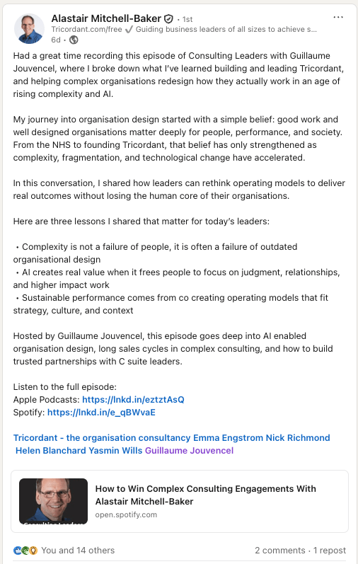 Alastair Mitchell-Baker on LinkedIn about Consulting Leaders