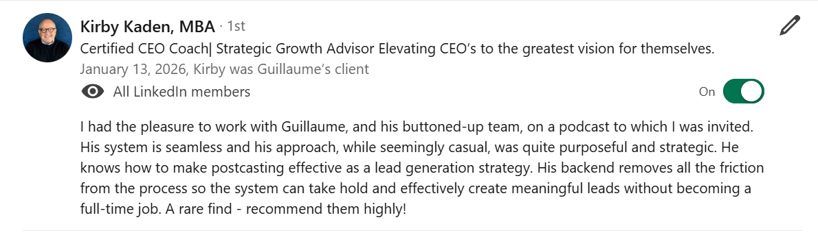Kirby Kaden, Recommendation on LinkedIn for Guillaume Jouvencel (Consulting Leaders)