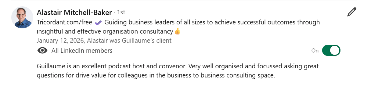 Alastair Mitchell-Baker, Recommendation on LinkedIn for Guillaume Jouvencel (Consulting Leaders)