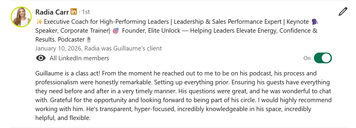 Radia Carr, Recommendation on LinkedIn for Guillaume Jouvencel (Consulting Leaders)