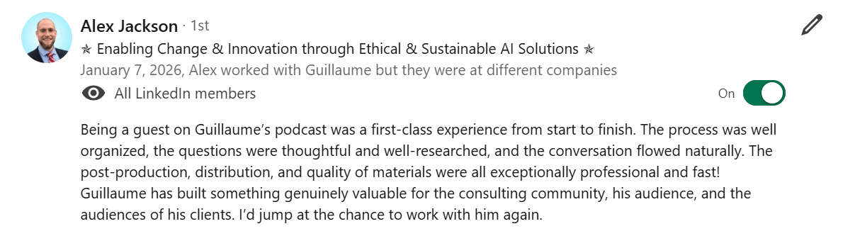 Alex Jackson, Recommendation on LinkedIn for Guillaume Jouvencel (Consulting Leaders)