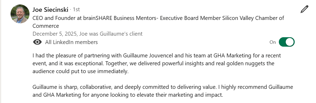Joe Siecinski, Recommendation on LinkedIn for Guillaume Jouvencel (Consulting Leaders)