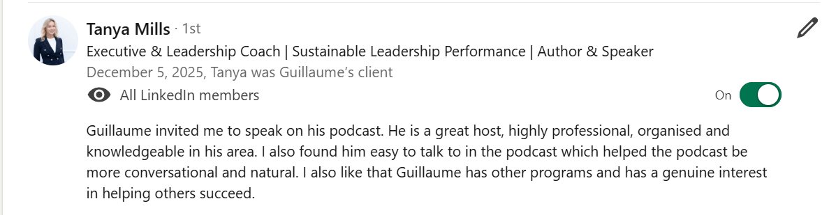 Tanya Mills, Recommendation on LinkedIn for Guillaume Jouvencel (Consulting Leaders)