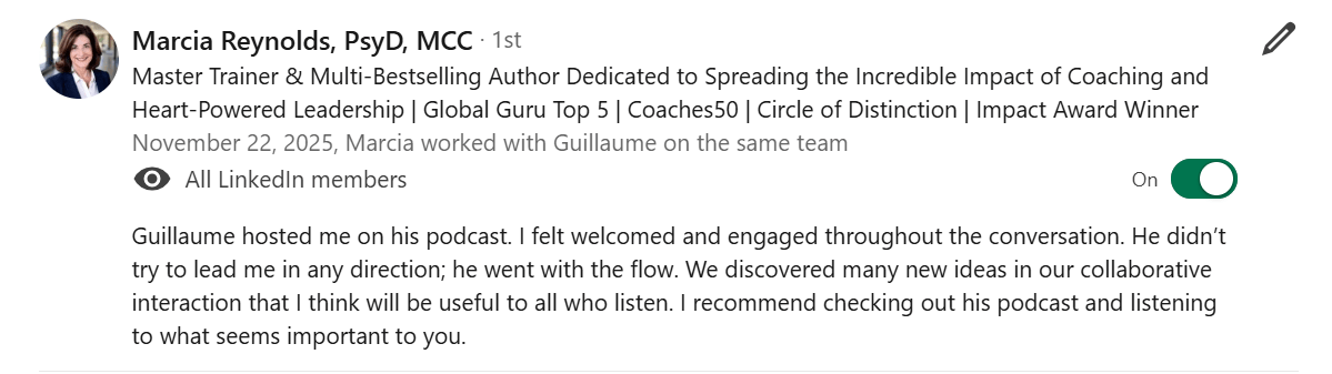 Marcia Reynolds, Recommendation on LinkedIn for Guillaume Jouvencel