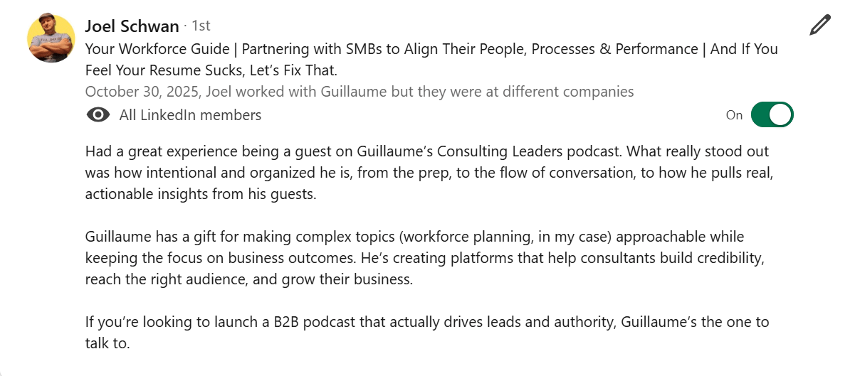 Joel Schwan, Recommendation on LinkedIn for Guillaume Jouvencel (Consulting Leaders)