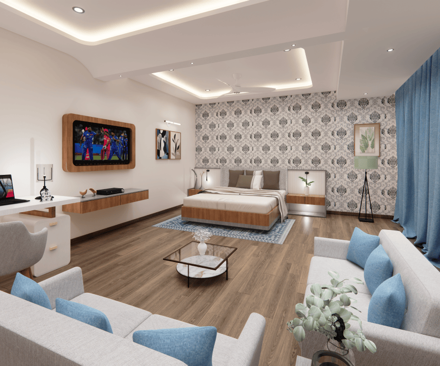 Side view of a fully furnished studio apartment from behind the sofa showcasing the complete layout at GHD Orchid Homes.
