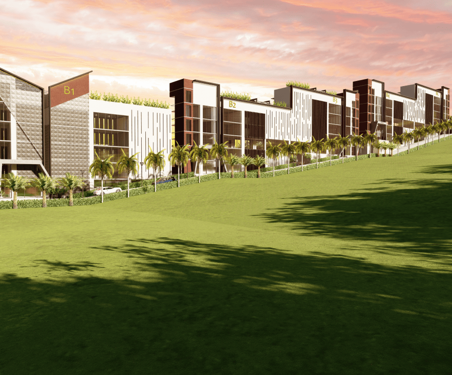 Front elevation render of all towers at GHD Velvet Vista featuring luxury branded residences in Porvorim, North Goa.