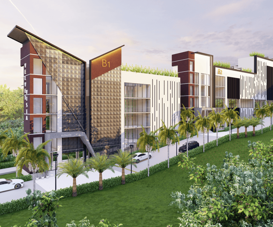 Side angle view of GHD Velvet Vista towers with internal road in Porvorim, North Goa.