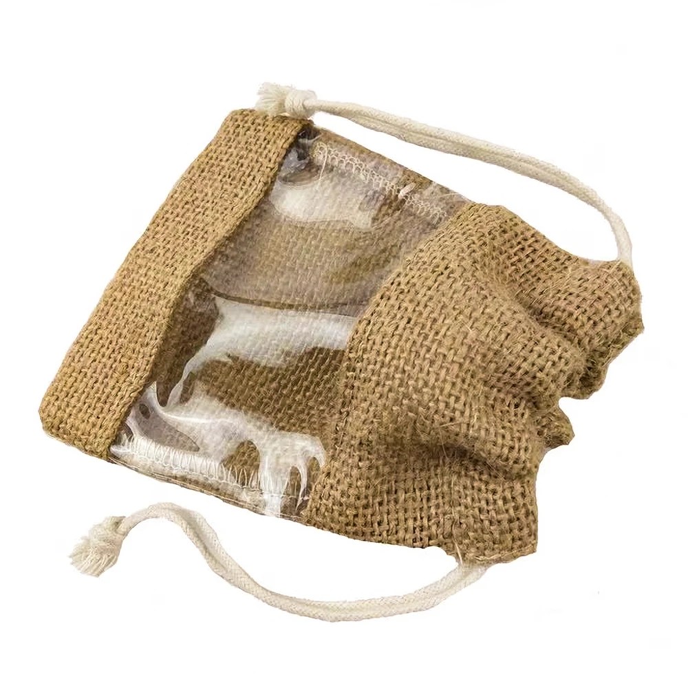 Custom Transparent Window Burlap Pouch showcasing its unique design and transparent window feature.