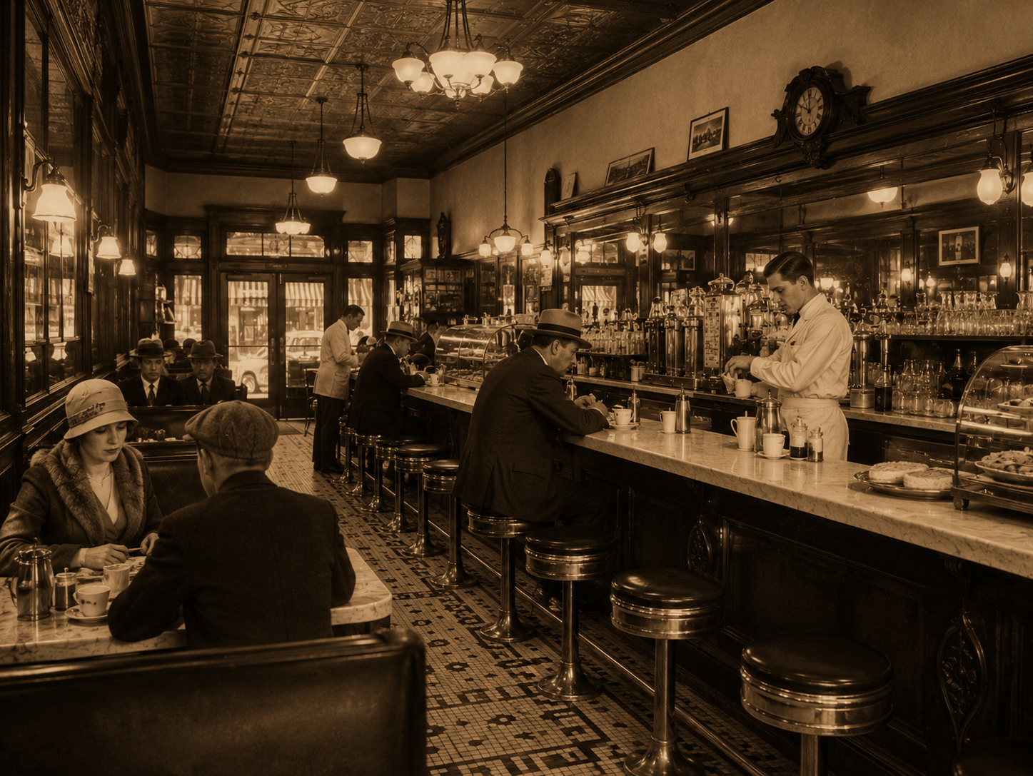 Customers seated inside a 1920s American diner