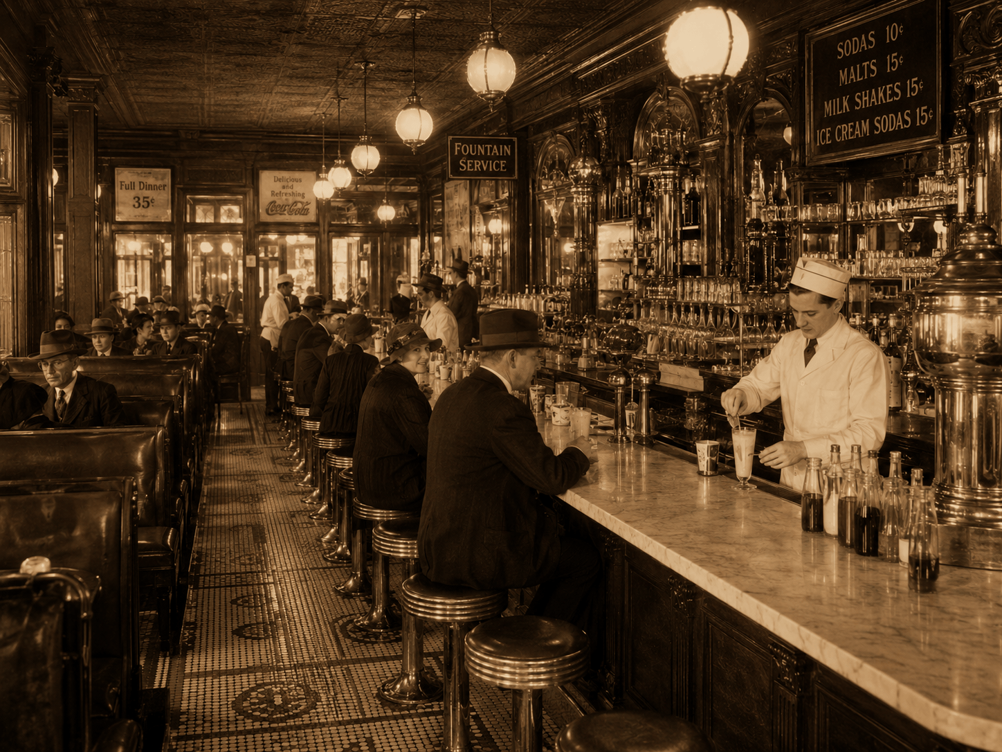 A busy American diner and soda fountain during the 1920s
