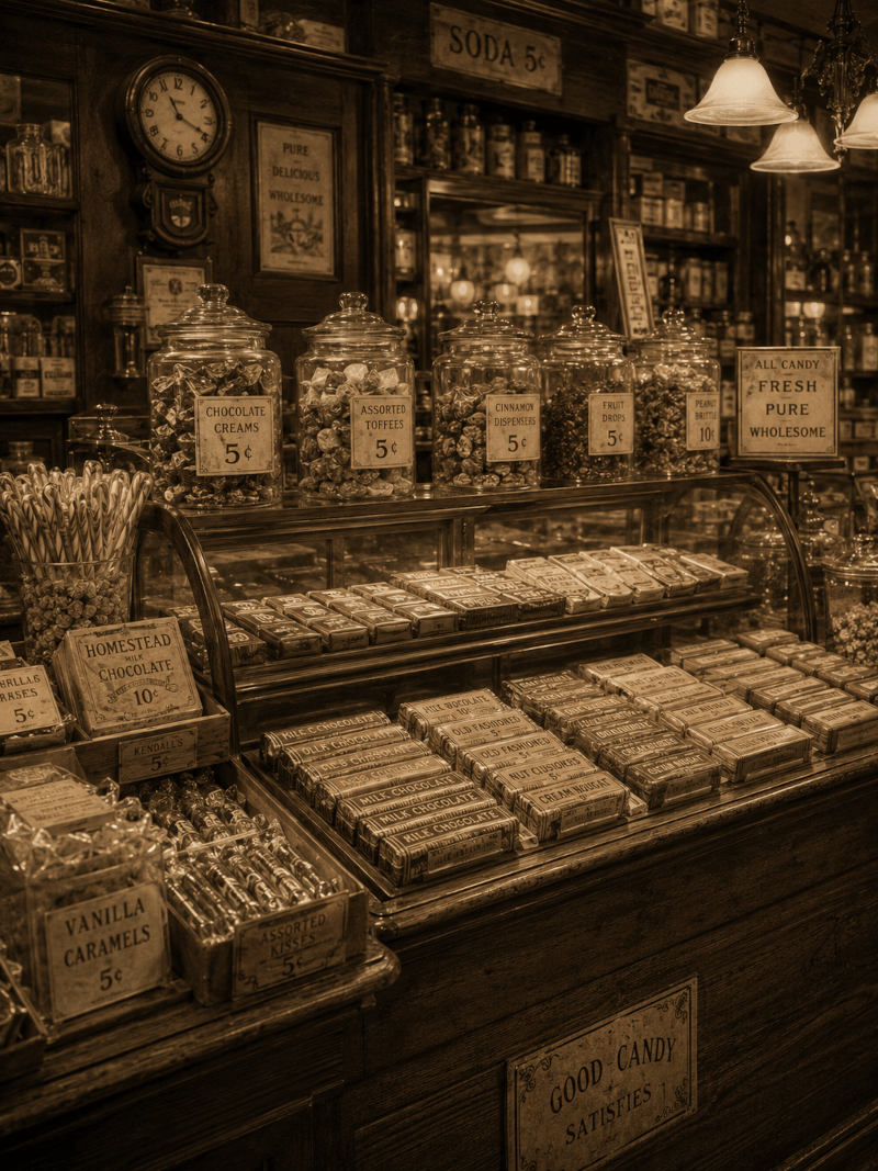 American candy bars displayed on a 1920s candy counter
