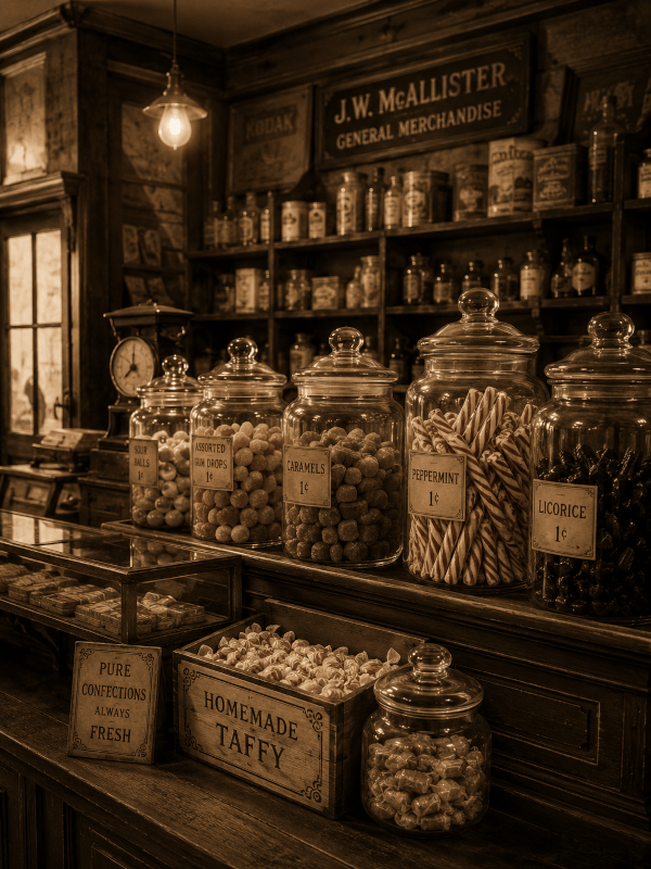 Glass jars filled with nostalgic candy in an old general store