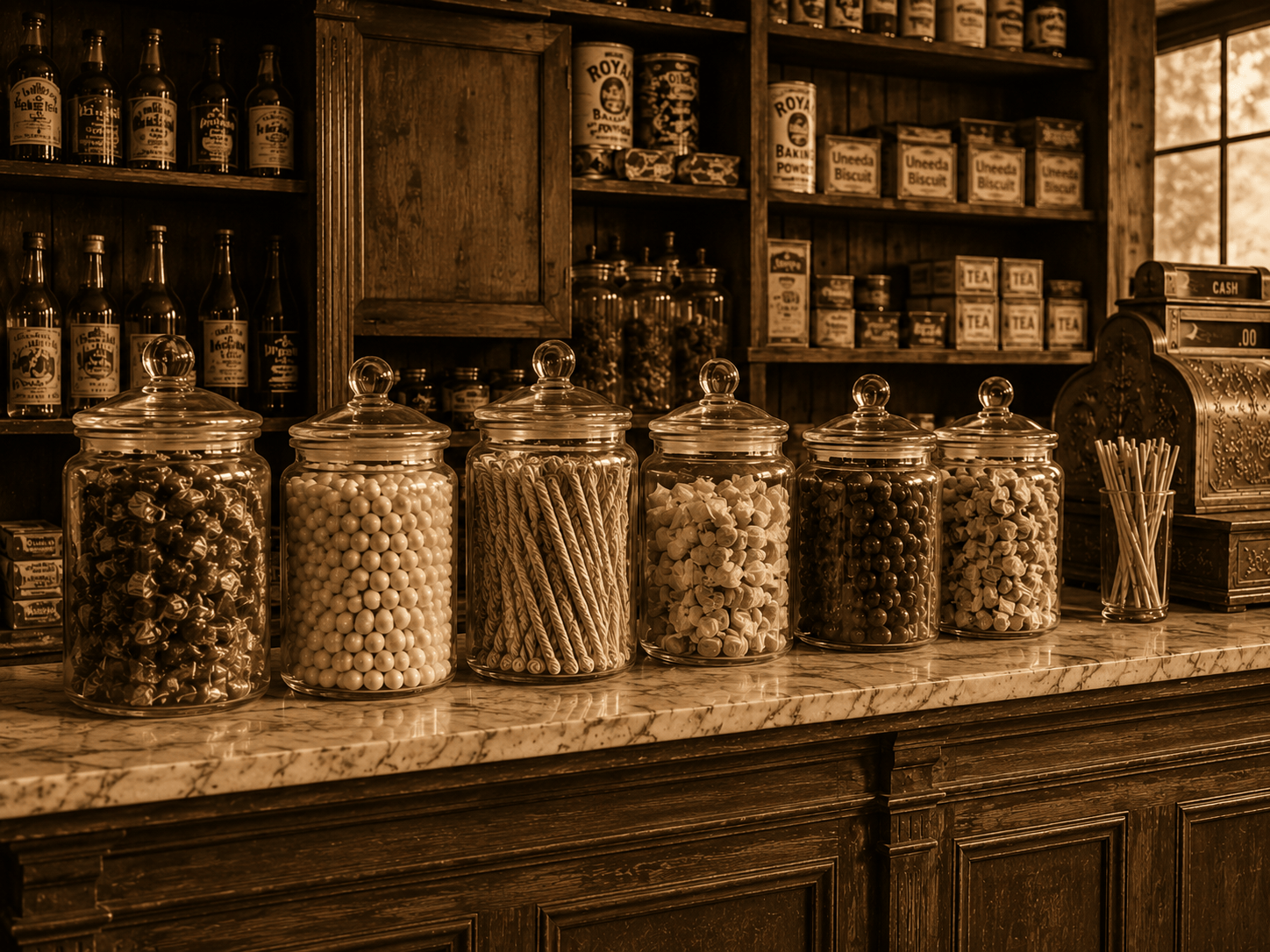 Glass candy jars on an old-fashioned general store counter