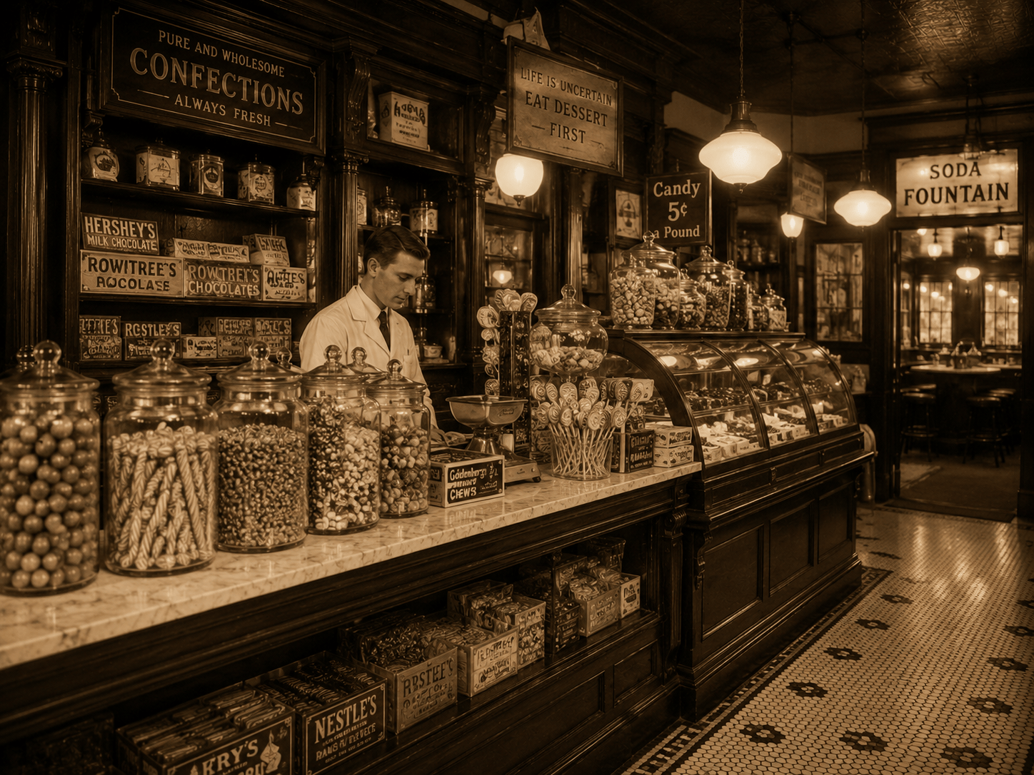 An old-fashioned American candy counter during the Prohibition era
