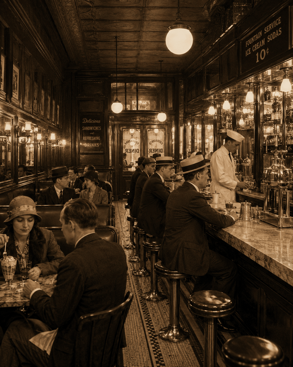 Customers seated at the counter of a vintage American diner