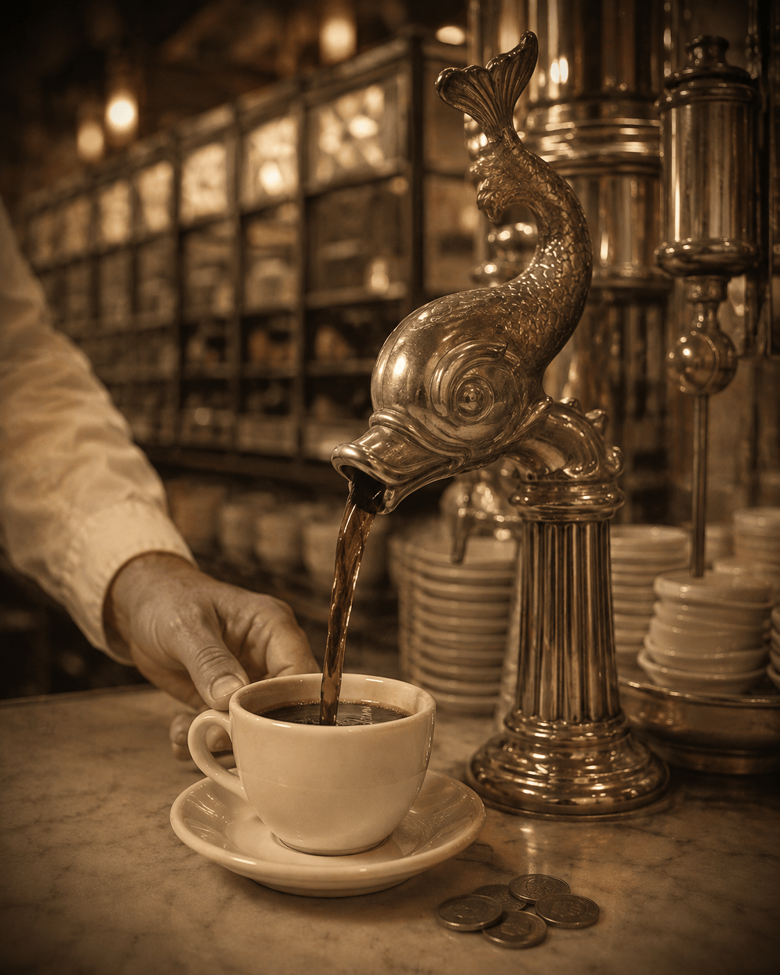 Historic Horn and Hardart dolphin head coffee fountain