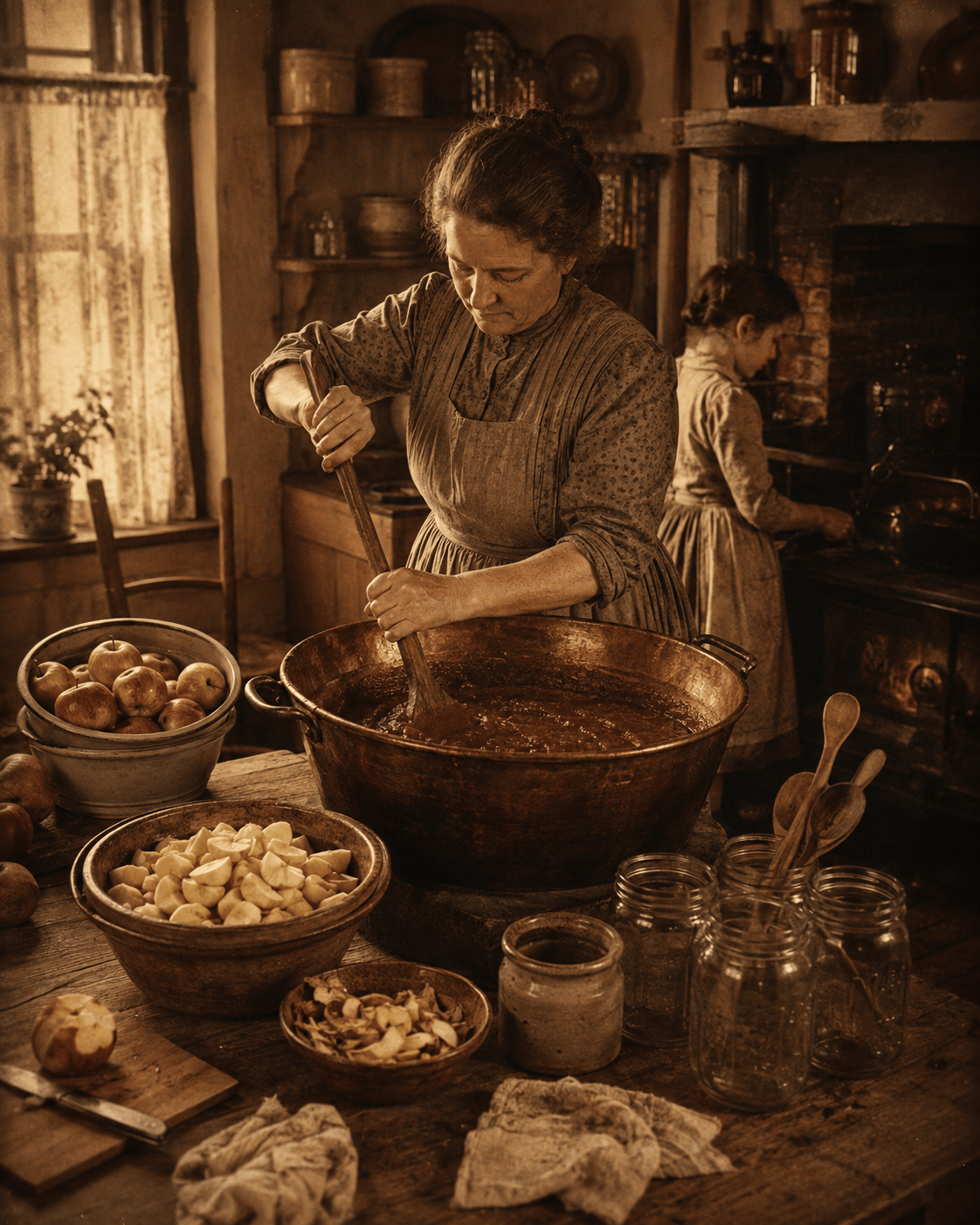 Historic Pennsylvania kitchen preparing apple butter