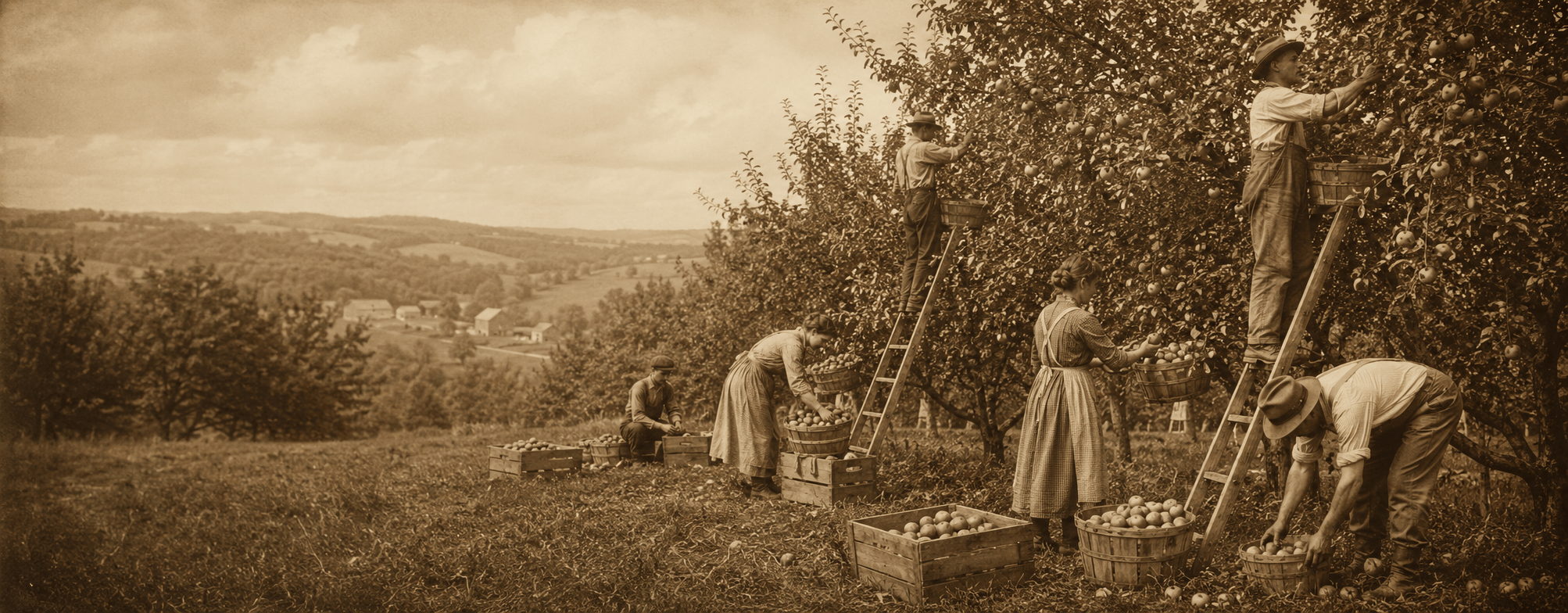 Historic Pennsylvania orchard workers gathering apples into wooden baskets
