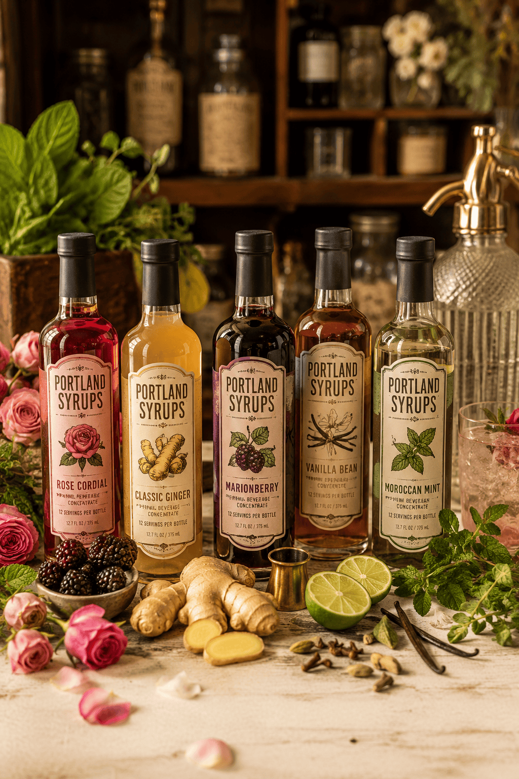 Rustic apothecary-style display inspired by Portland Syrups