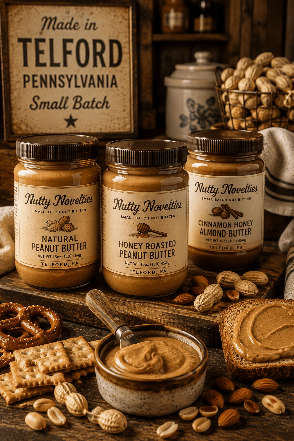 Small-batch Nutty Novelties nut butter in a rustic pantry setting