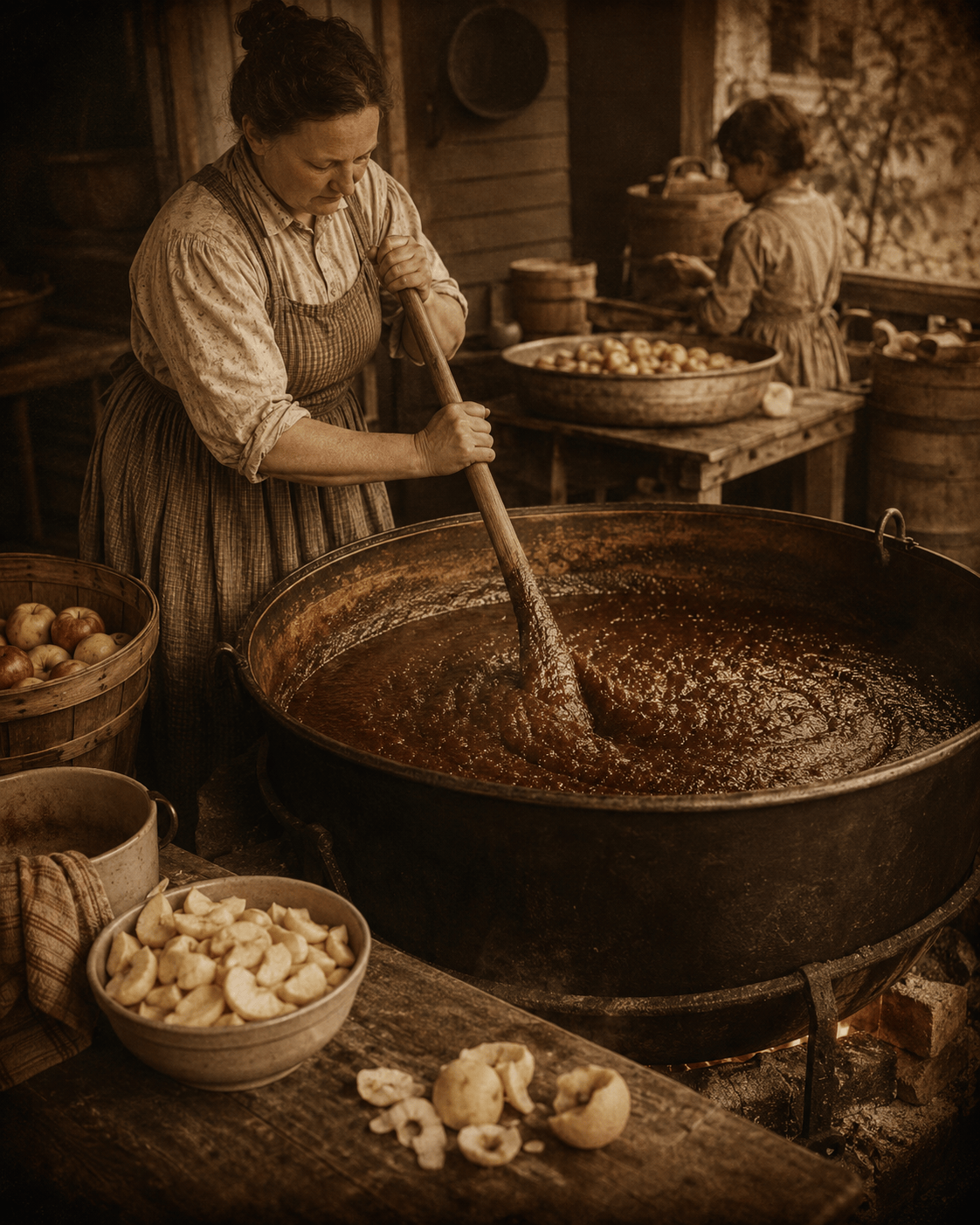 Large historic kettle of apple butter being stirred
