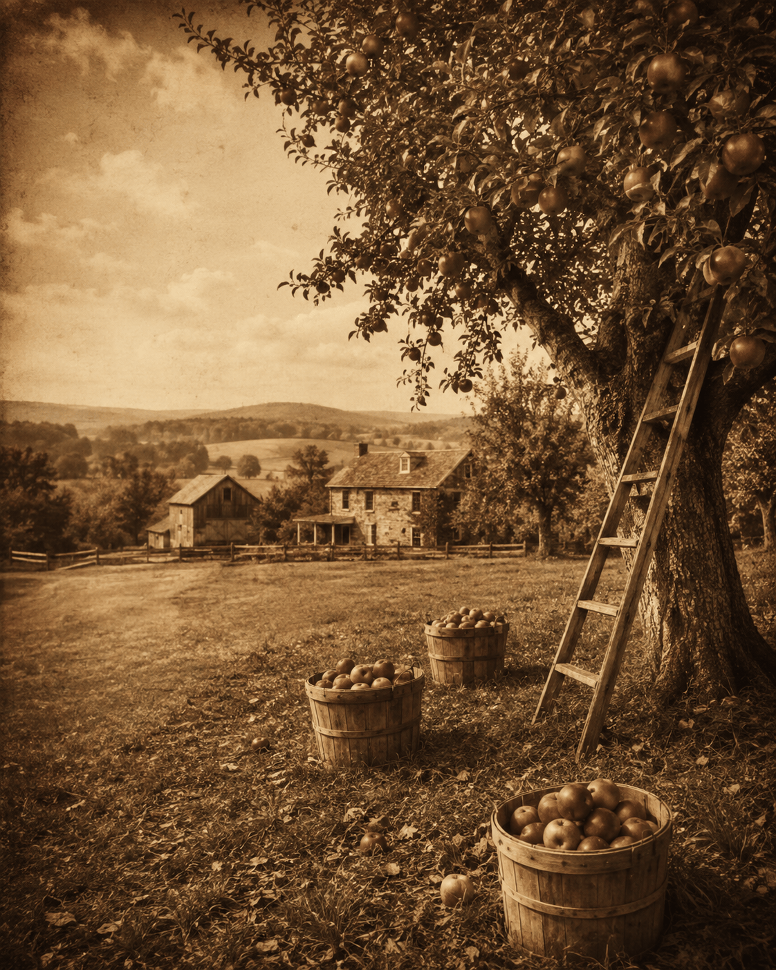 Historic Pennsylvania farm orchard with apple trees and baskets