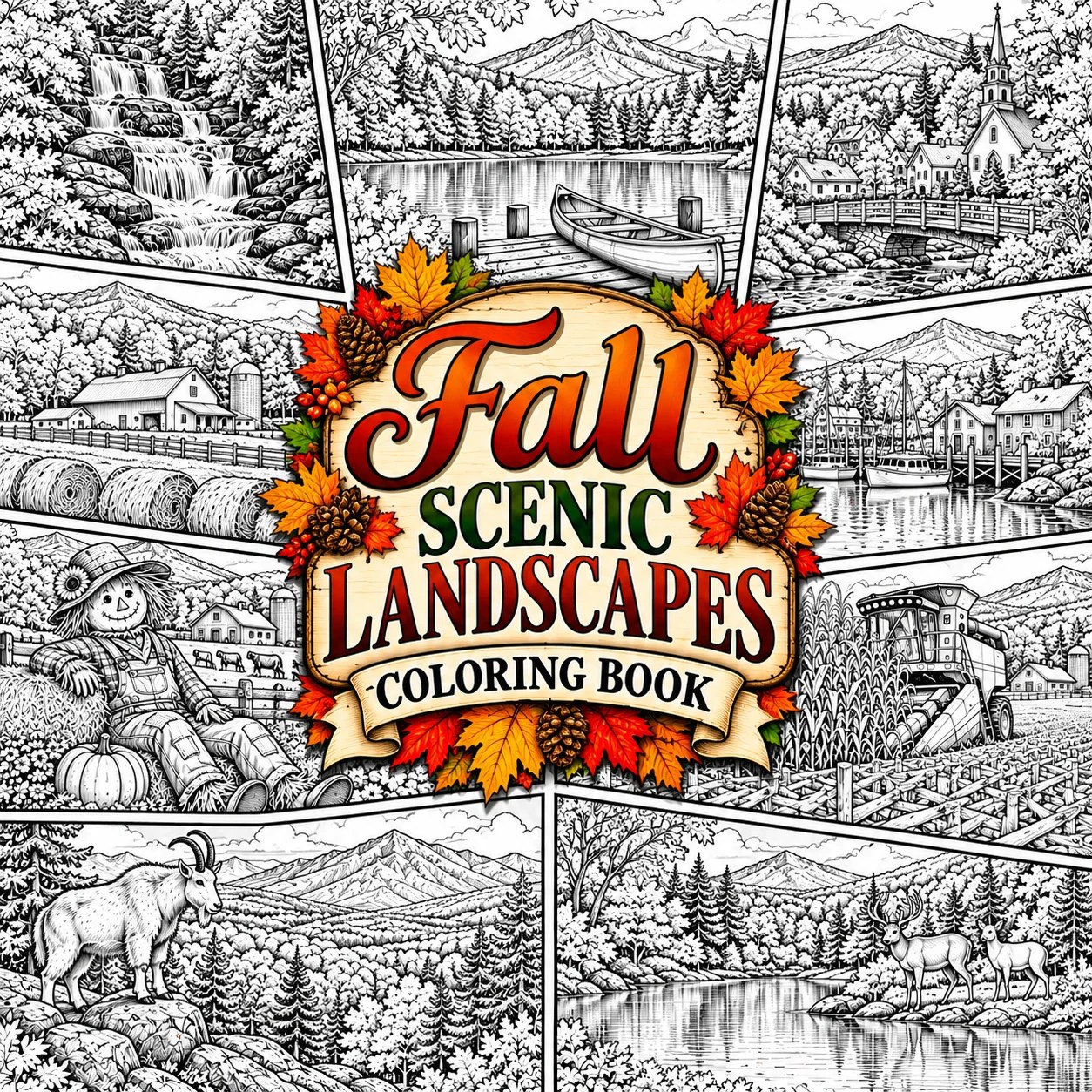 Fall Scenic Landscapes Coloring Book by Giggle Pixel