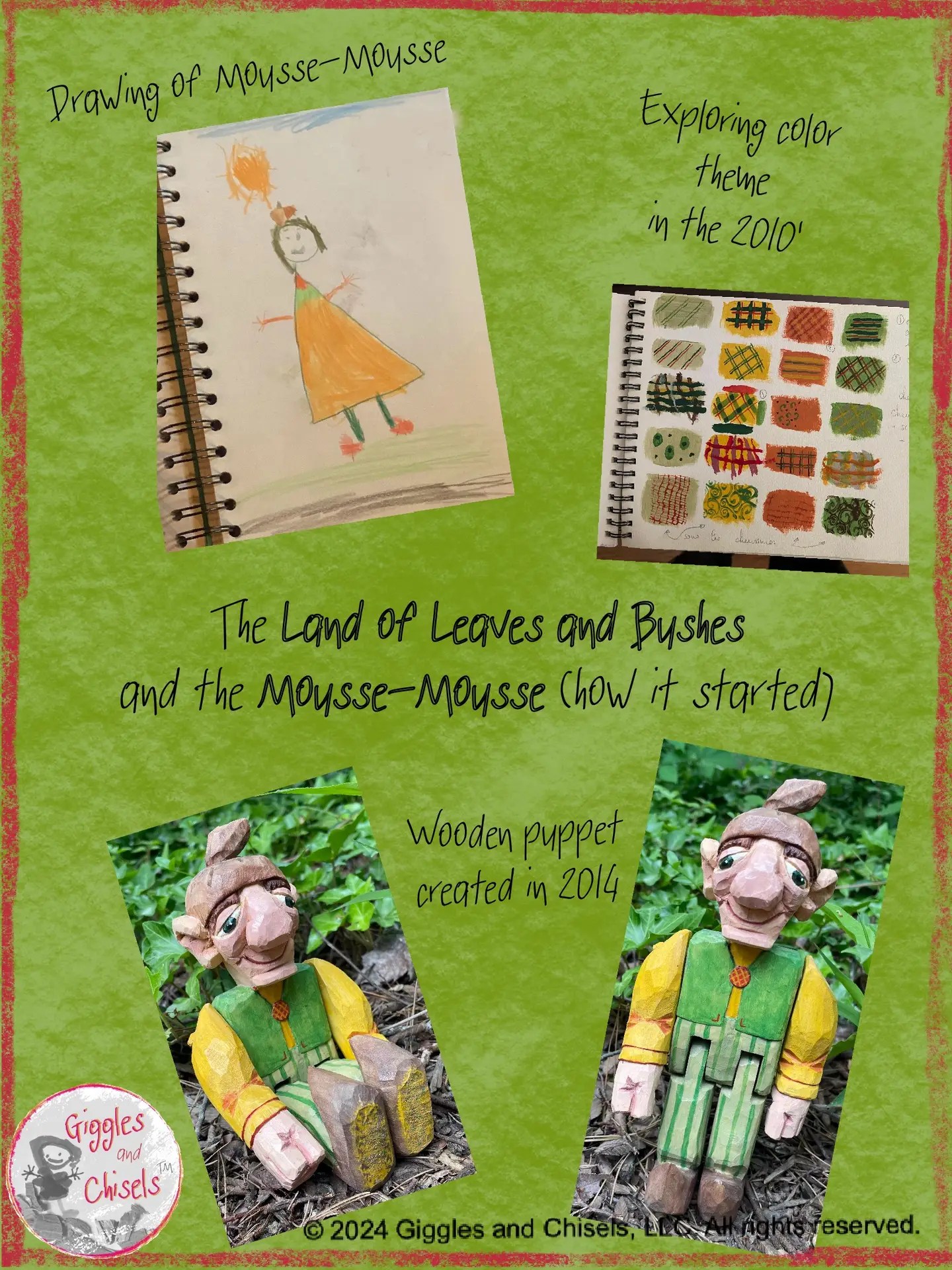 A collage with the drawing of a child, representing a person in nature-related colors, and a wooden puppet, in nature-related colors as well (greenish and brownish)
