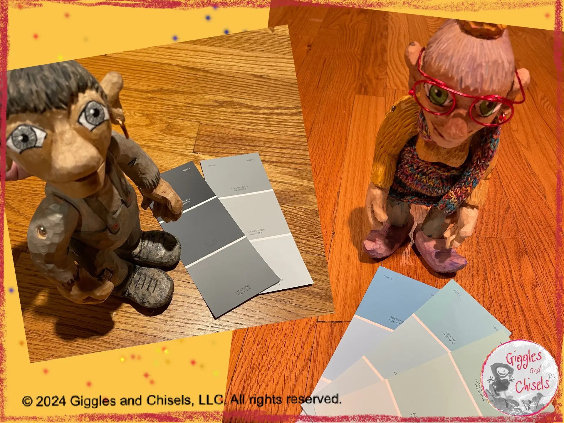Two pictures of wooden puppets. One puppet in in grey tones, and is looking at grey tone paint swatches. One is colorful, and is looking at blue and green paint swatches.