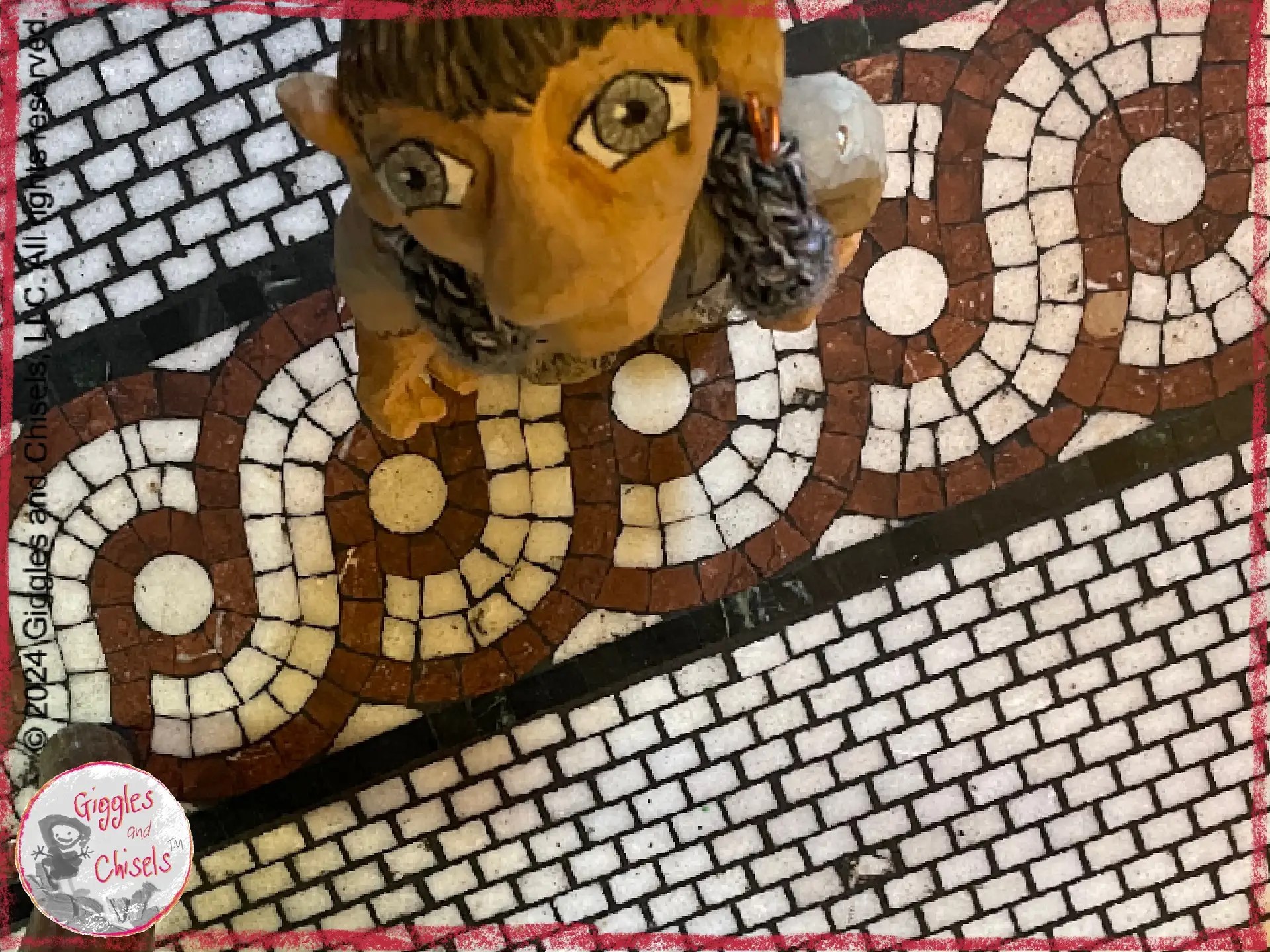 Maurice, a wooden puppet, noticing patterns on the floor of a restaurant, in the color of Giggles and Chisels (black, white, grey, and pink).
