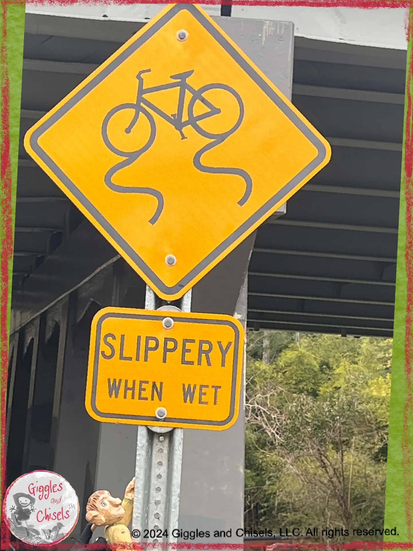 A picture of Pierre Qui Roule, a wooden puppet, looking at the shapes of two road signs