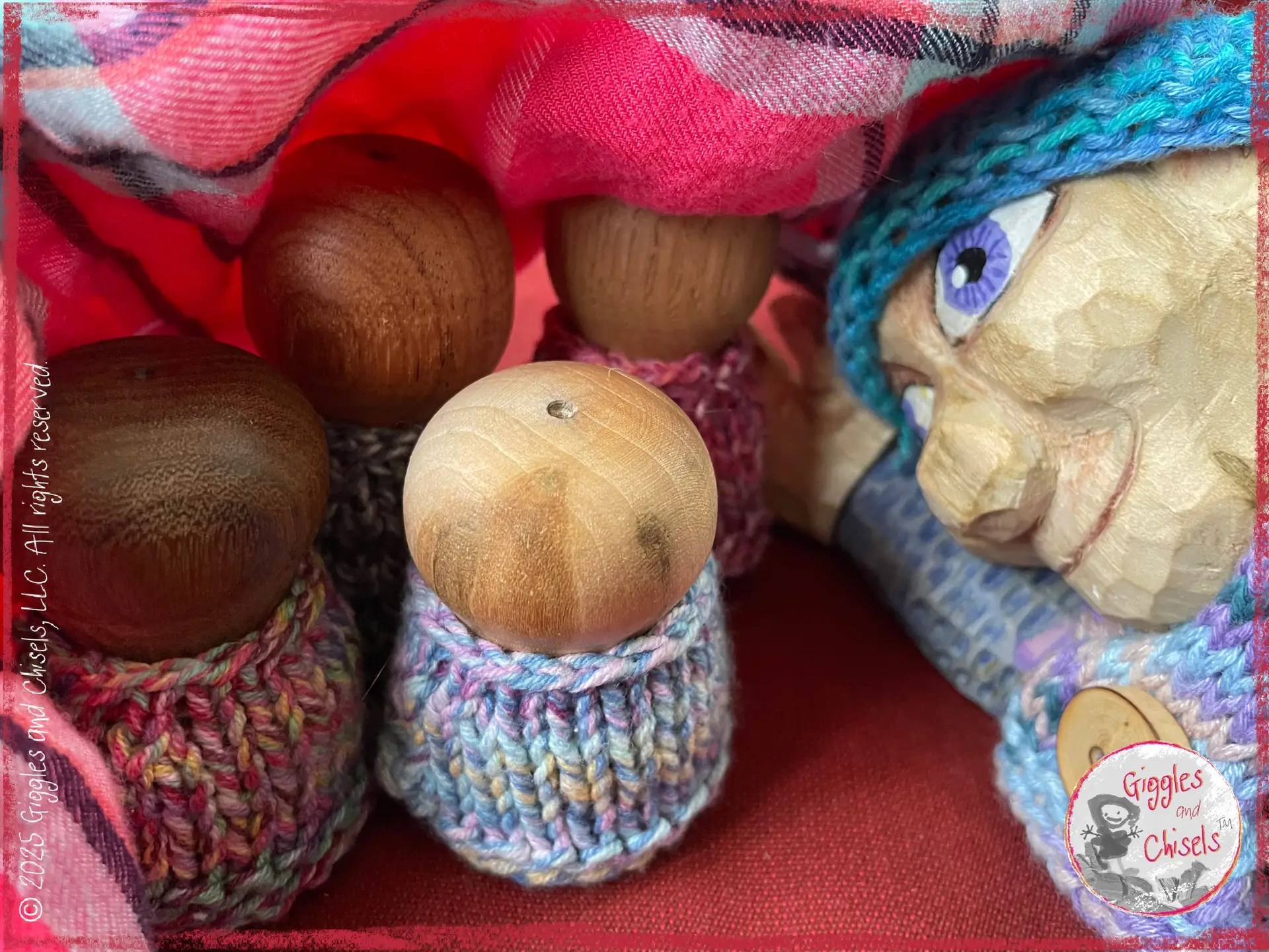 Petite Clothilde, a wooden puppet, whispering to small wooden characters