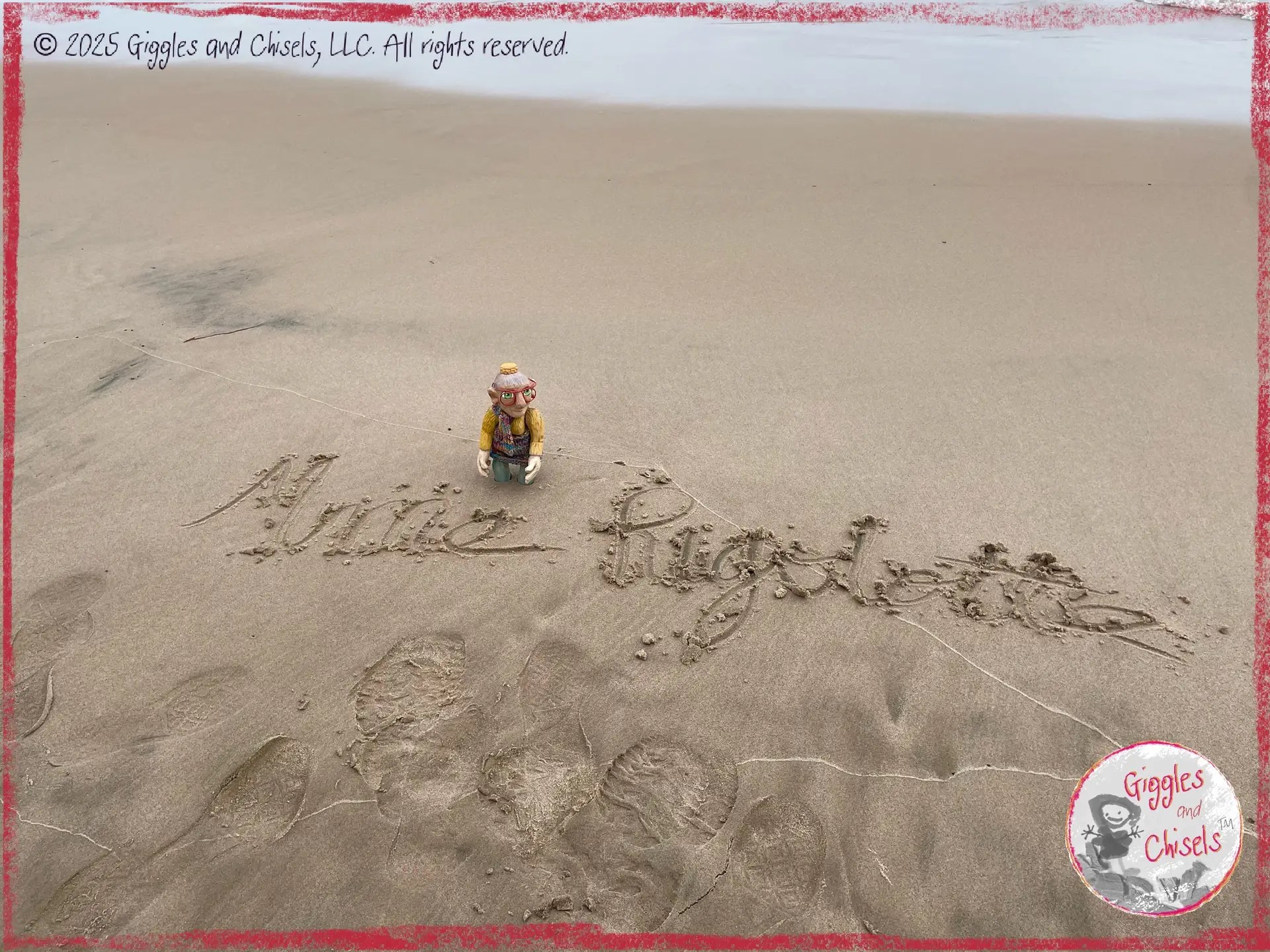 Mme Rigolotte, a wooden puppet, on a beach, with her name written in the sand