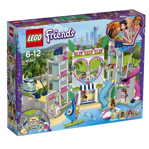 LEGO doos van Heartlake City Resort 41347 met kleurrijke vakantie-elementen