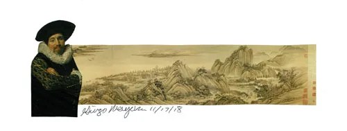 Man in a Ruff in a Landscape Collage on Paper 10×3.5″