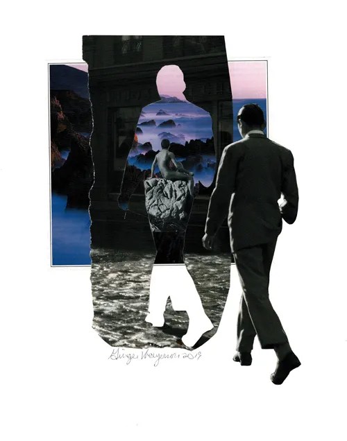 “Man Walking” Ginger Mayerson August 2019 Magazine Collage Collage on Paper 11×14″