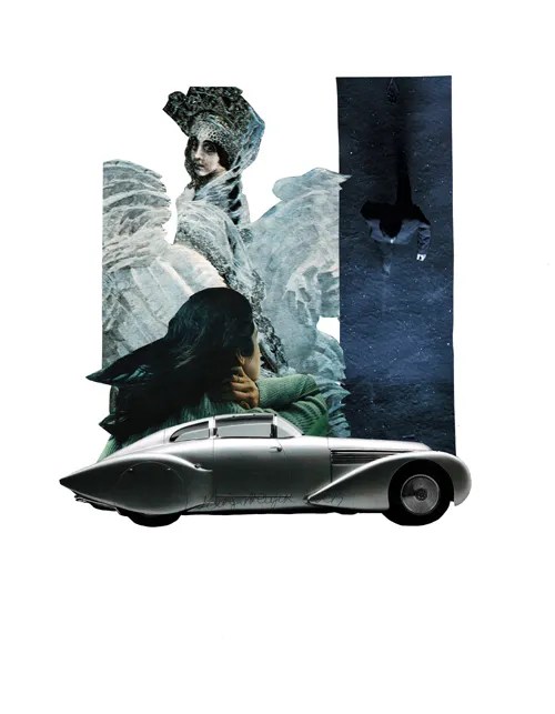 “Swan Princess” Ginger Mayerson September 2019 Magazine Collage Collage on Paper 11×14″