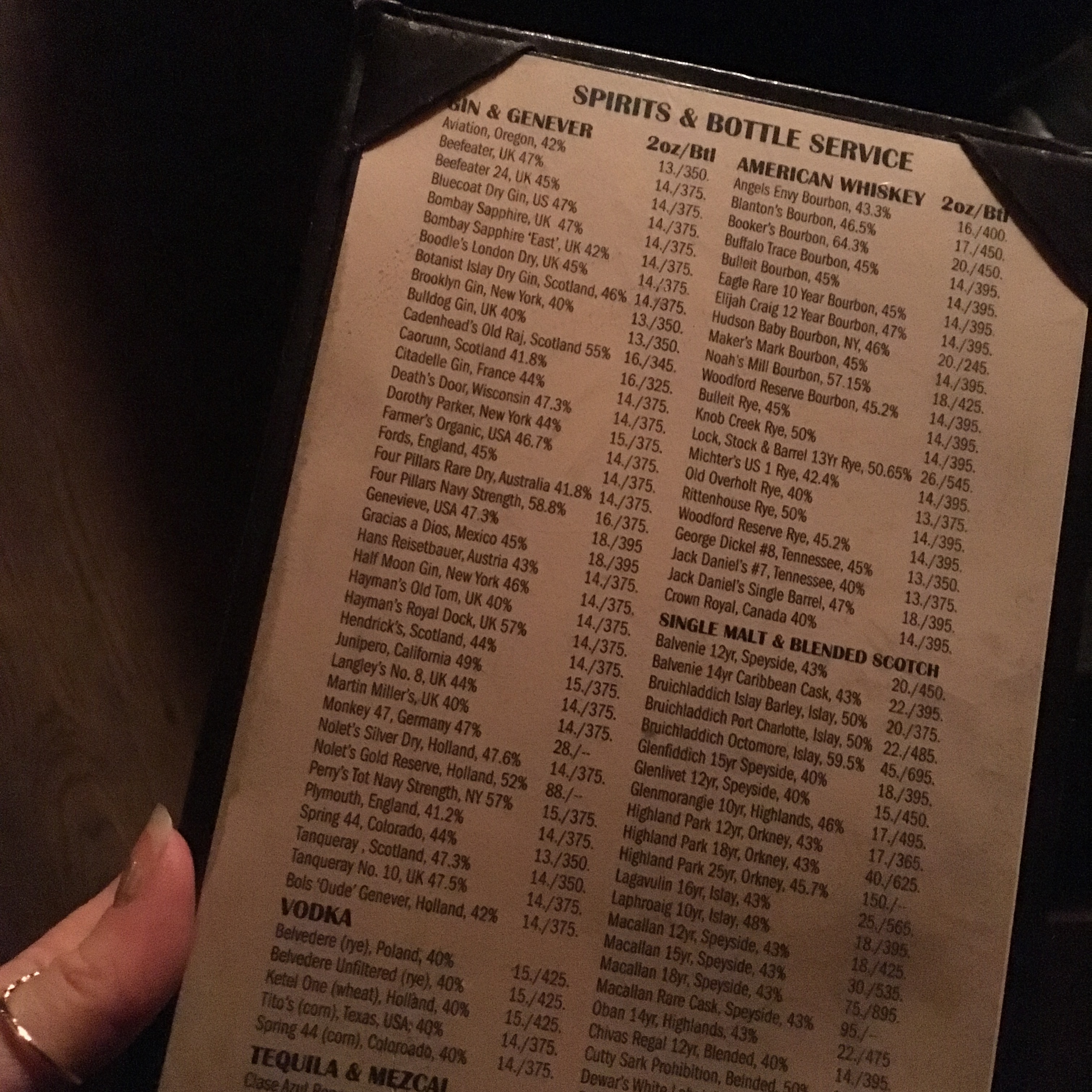 Bathtub gin menu
