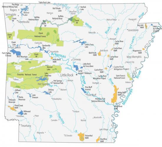 Arkansas Lakes And Rivers Map GIS Geography Arkansas State Map 550x499 