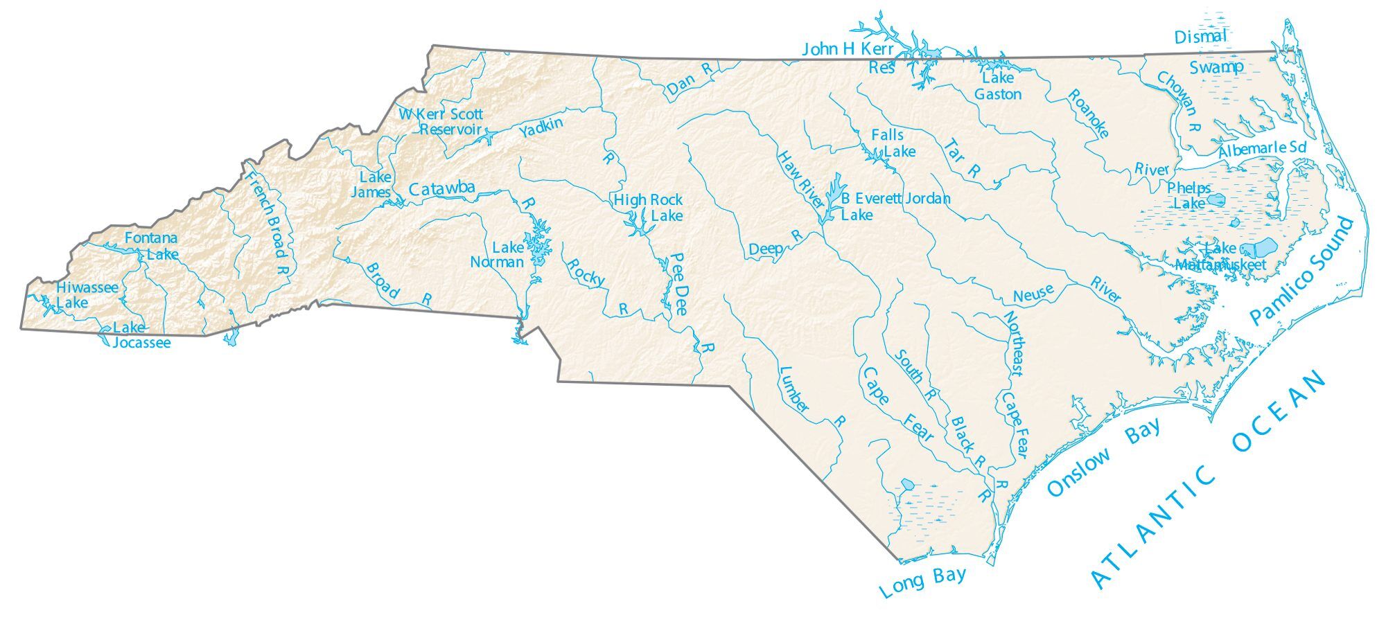 North Carolina State Map Places And Landmarks GIS Geography North Carolina Lakes Rivers Map 