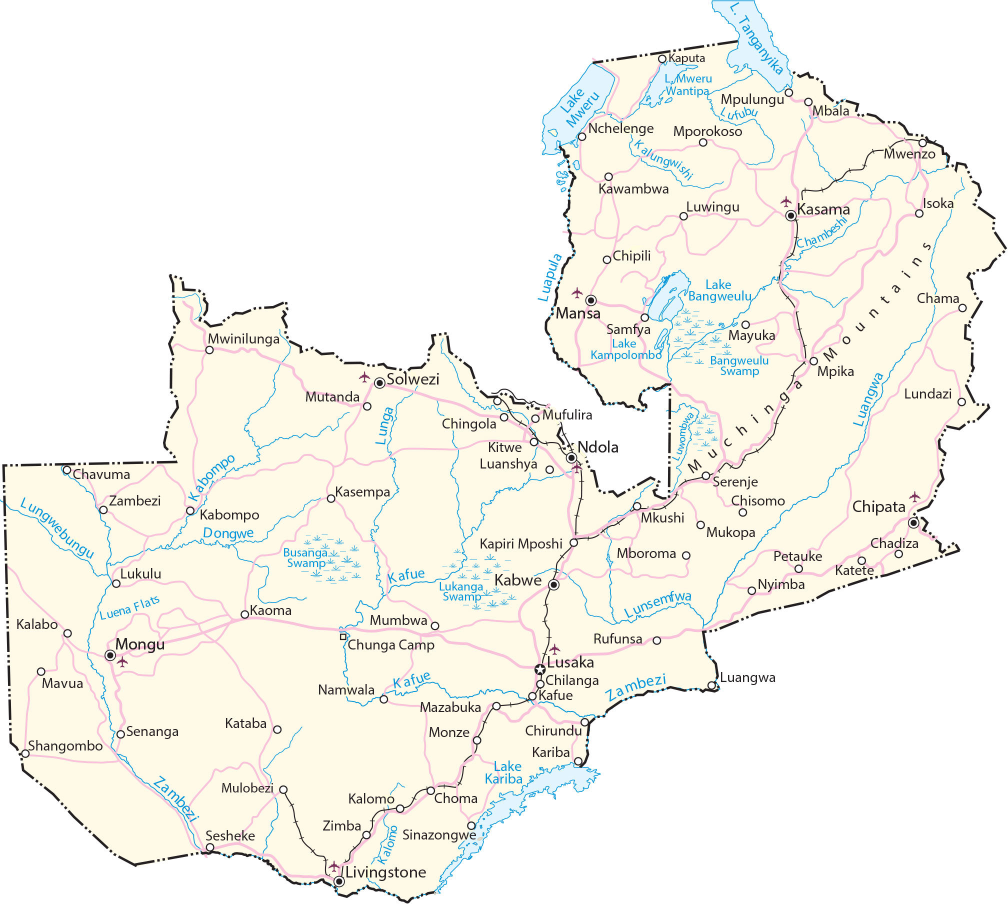 Detailed Map Of Zambia With Towns Explore Cities And Regions Zambia Map 