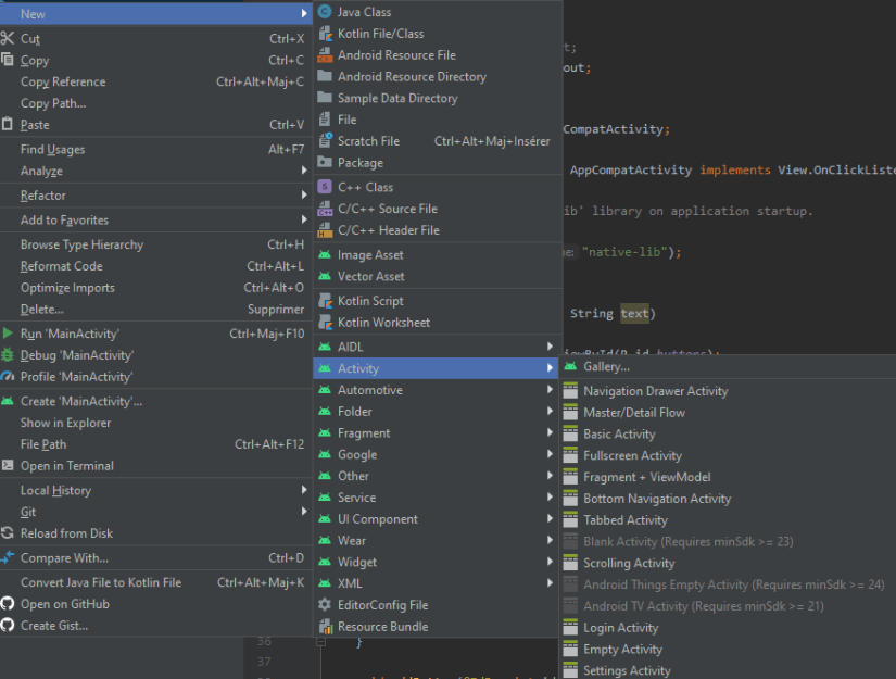Creating a new Activity with Android Studio